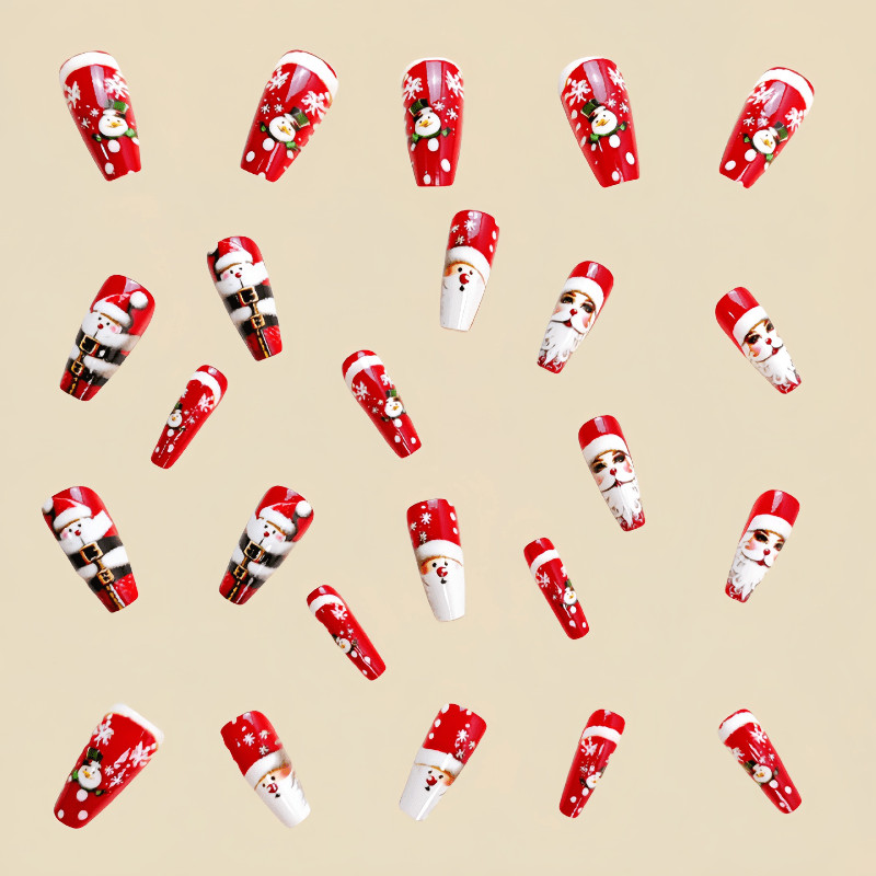 48P Long Coffin Press on Nails, Vintage Red 3D Santa Snowman Fake Nails