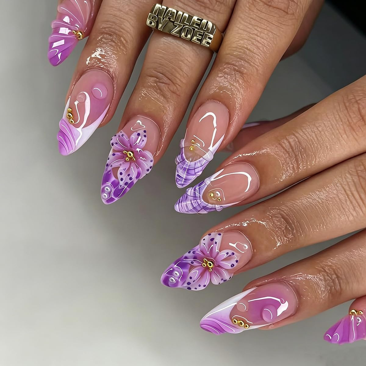 Summer Press on Nails Medium Almond Nails Press Ons with Flower & Gold Bead Desi