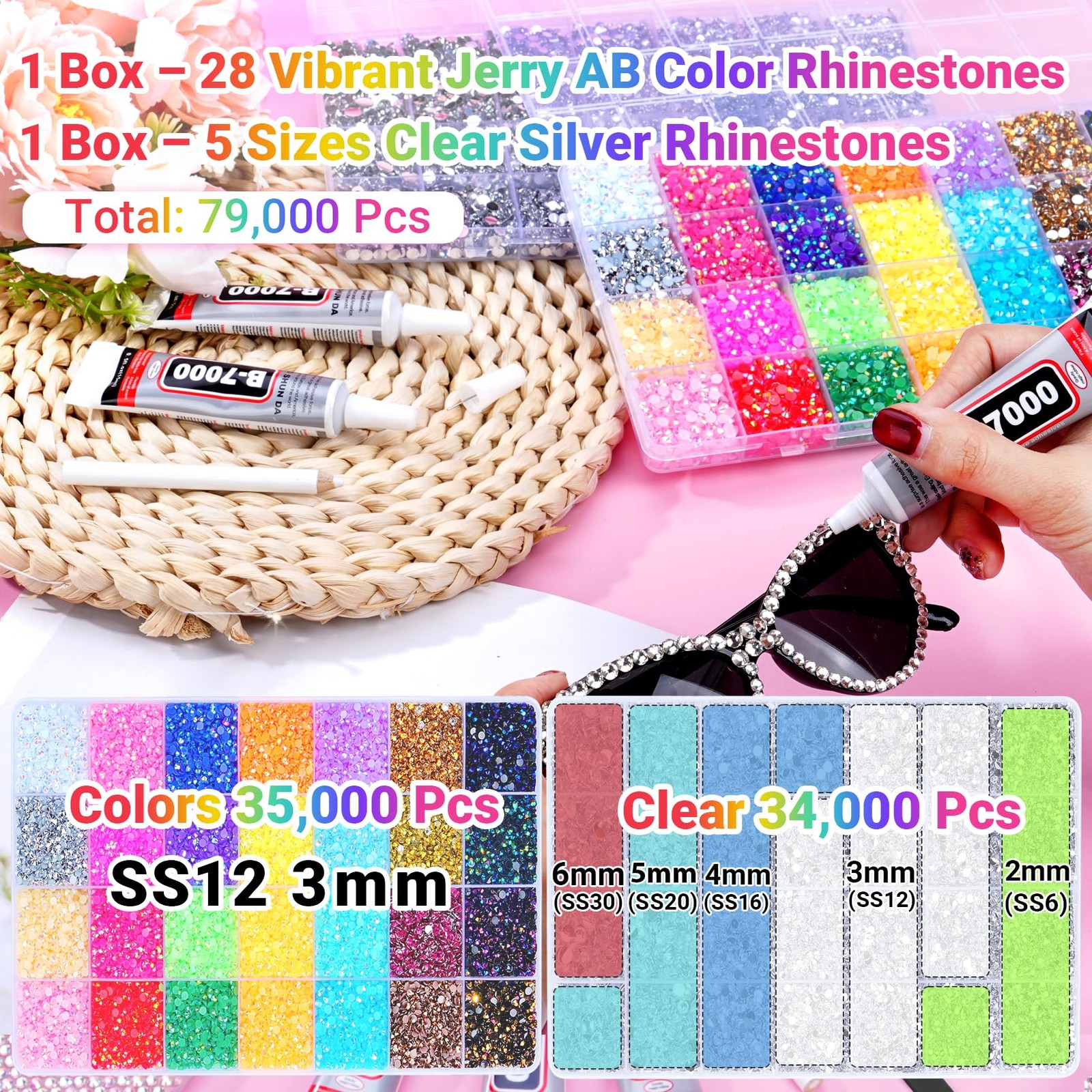 79000Pcs Jelly Rhinestones for Bedazzling, 2 Boxes Multicolor 3mm & Silver Clear