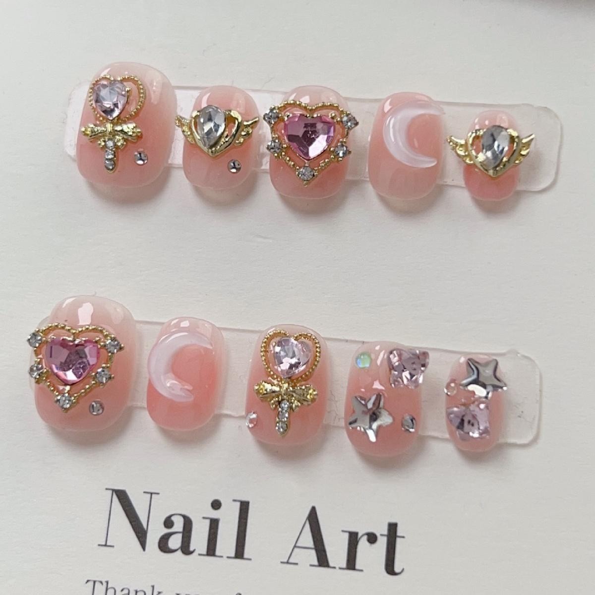Handmade Colorful Full Stone Press On Nails Short Square Shimmery False Nails