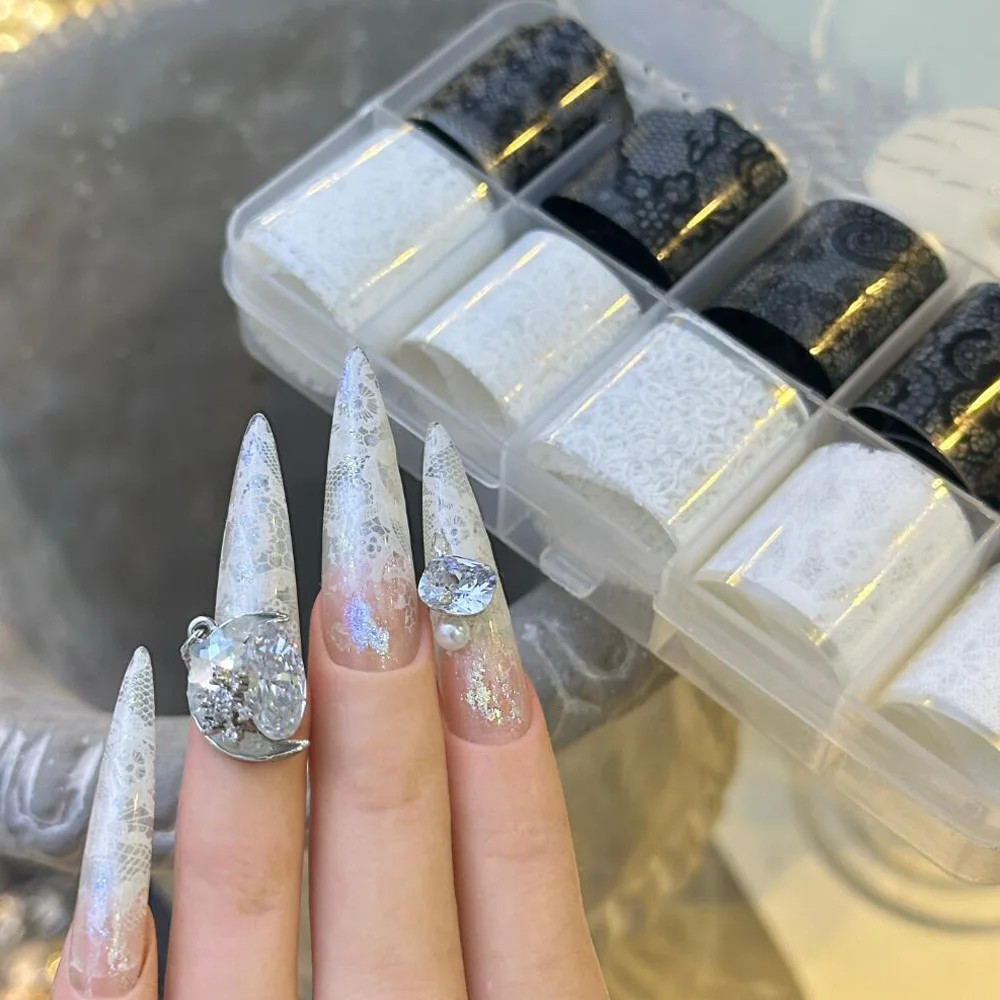 10 Rolls/Box New Black&White Lace Nail Transfer Stickers Sexy Lace Flower Full