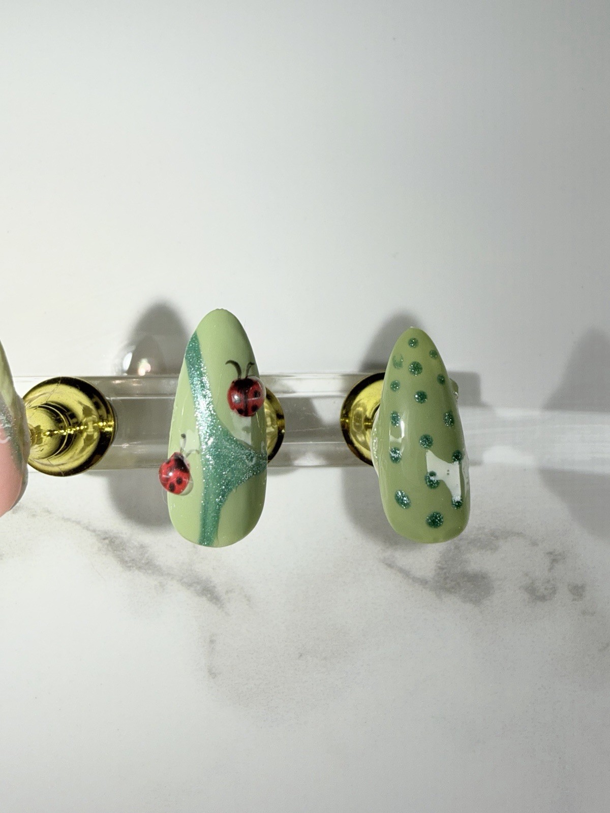 Custom green press on nails with 3D ladybugs & flowers. DM for sizing