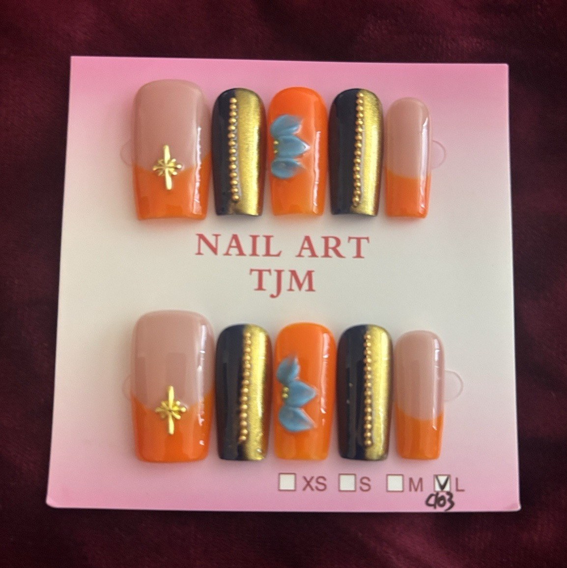 Nail Art TJM Press-On Nails Set Orange/Nude/Gold/Black/Blue 3D Long Square
