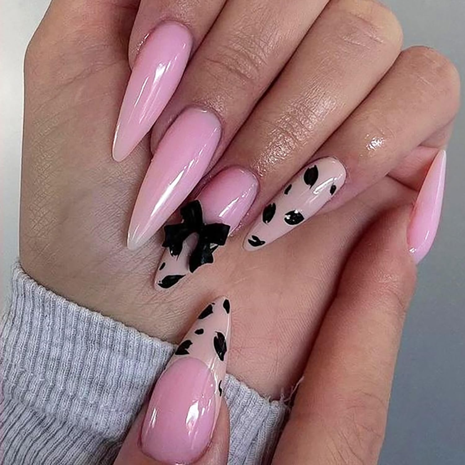 Pink Leopard Press on Nails Long Length Almond Tip False Nails 3D Black Bow D…
