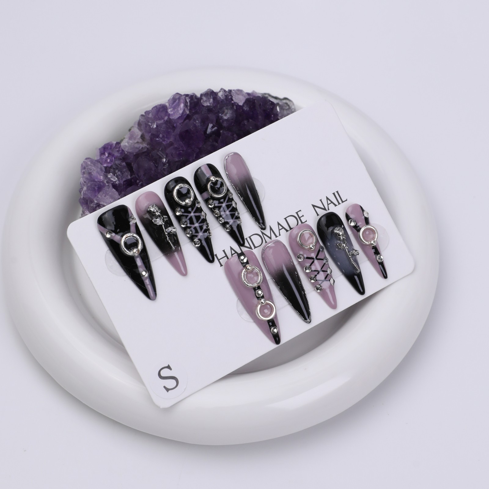 Black Purple Stiletto Press On Nails Long Gothic Rhinestone Reusable Set Glue On