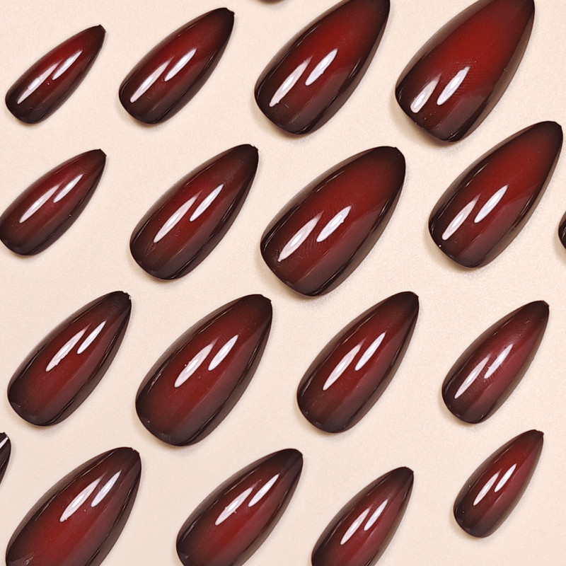 48Pcs-Medium Almond Glossy Burgundy Gradient Press on Nails Set