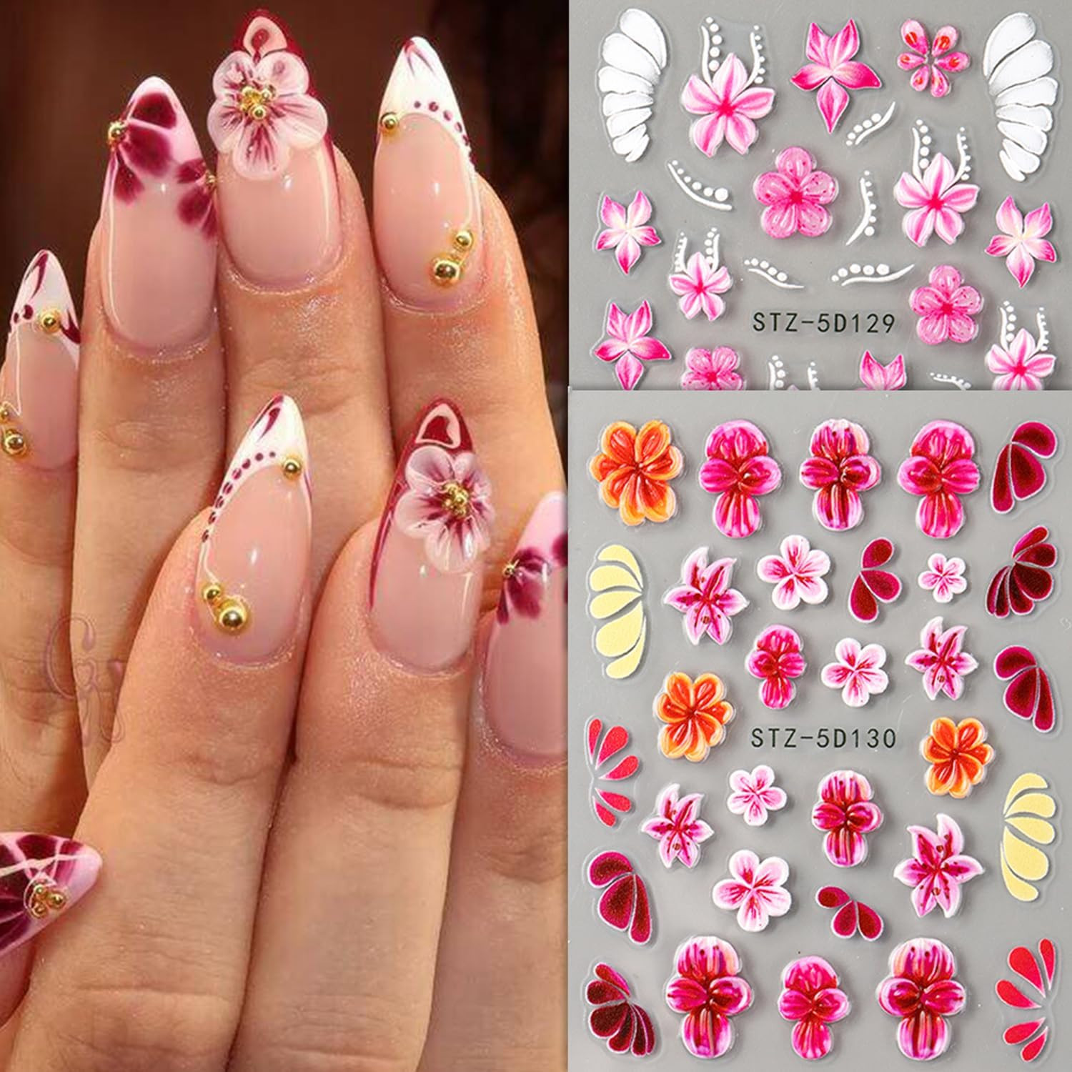 3PCS 5D Embossed Flowers Nail Stickers Colorful Floral Petals Designs Nail Art S