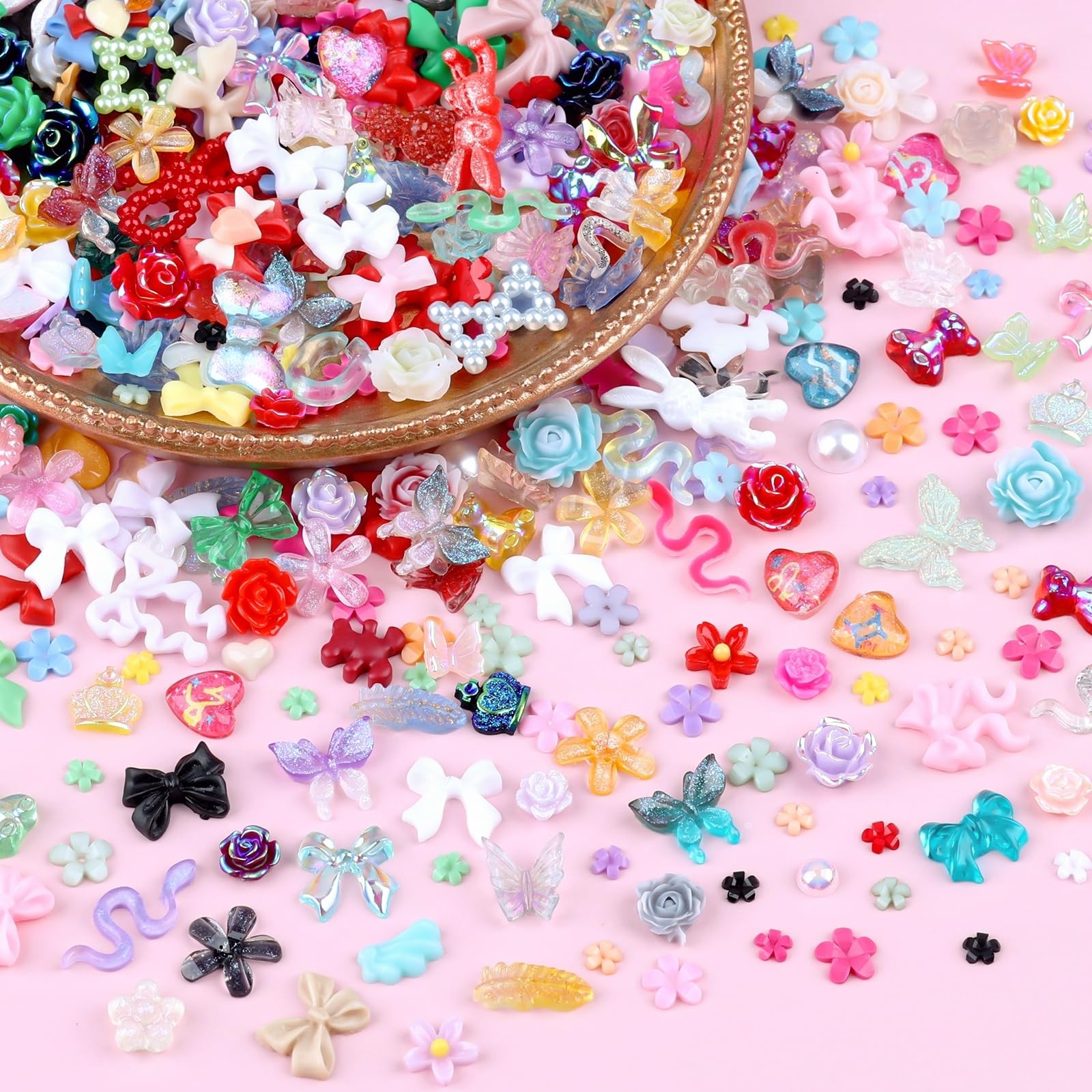 3D Mix Assorted Resin Nail Charms tar Heart Flowers Acrylic Beads 300 Pieces