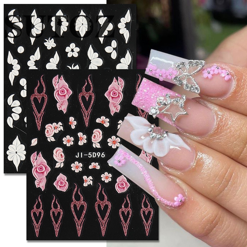 3D Flower Petal Embossed White Daisy Floral Nail Art Stickers Decor Slider NH29