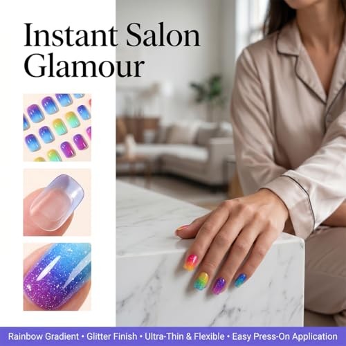 Summer Press On Nails – Short Square Colorful Glitter Ombre Fake Nails Style22