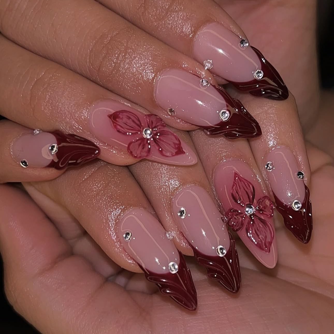 Red French Tip Press on Nails Almond – Medium Flower Fake Nails with 3D Cryst…