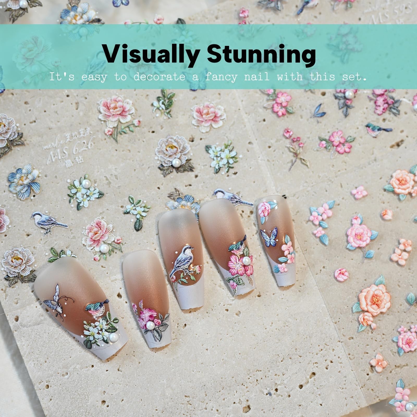 Flower Rose Bird Nail Art Stickers Pearl Rhinestones Embossed Vintage Nail De…