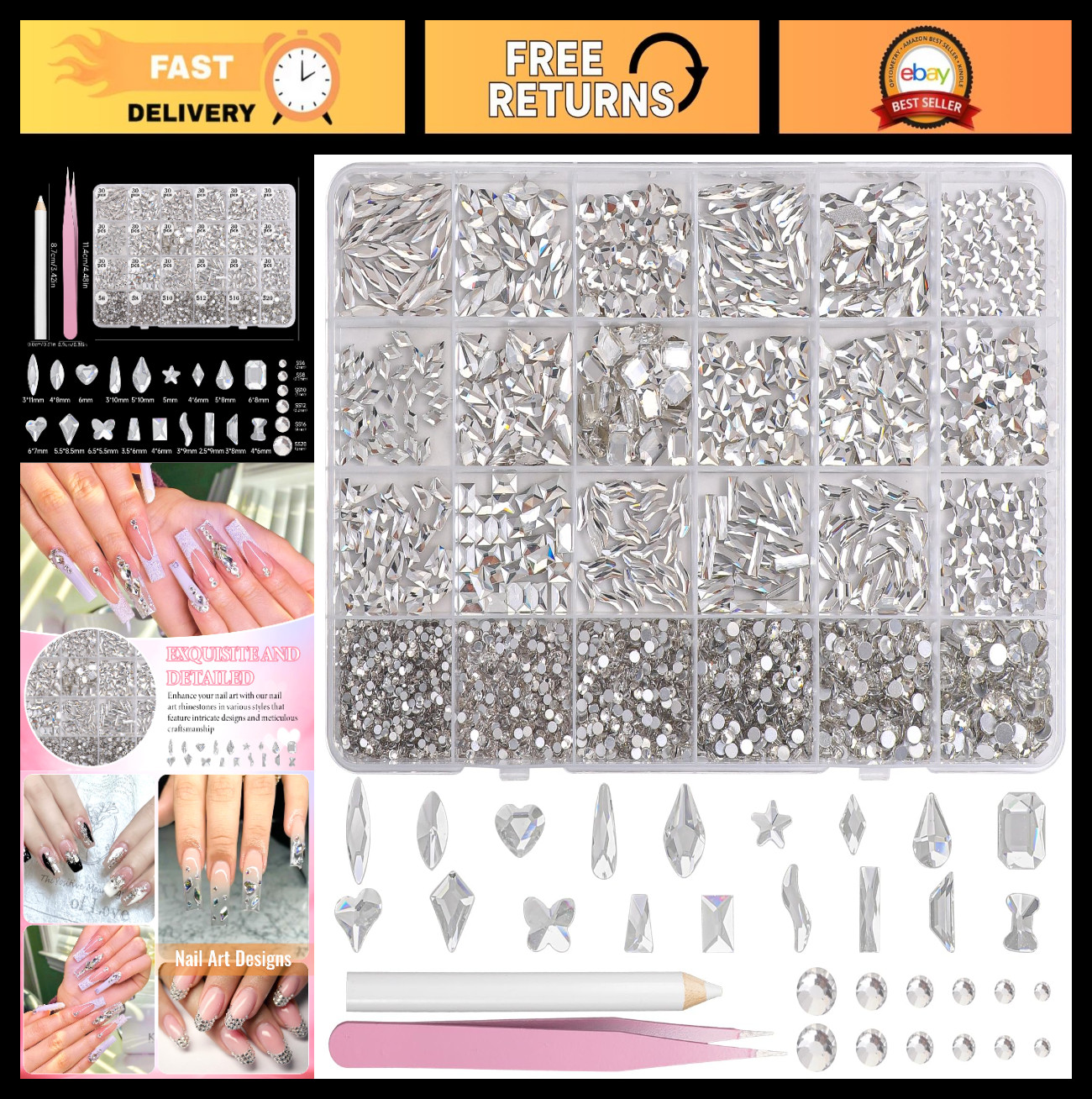 White Nail Art Rhinestones Kit – Multi Shapes & Sizes Flatback Gems for DIY Nail