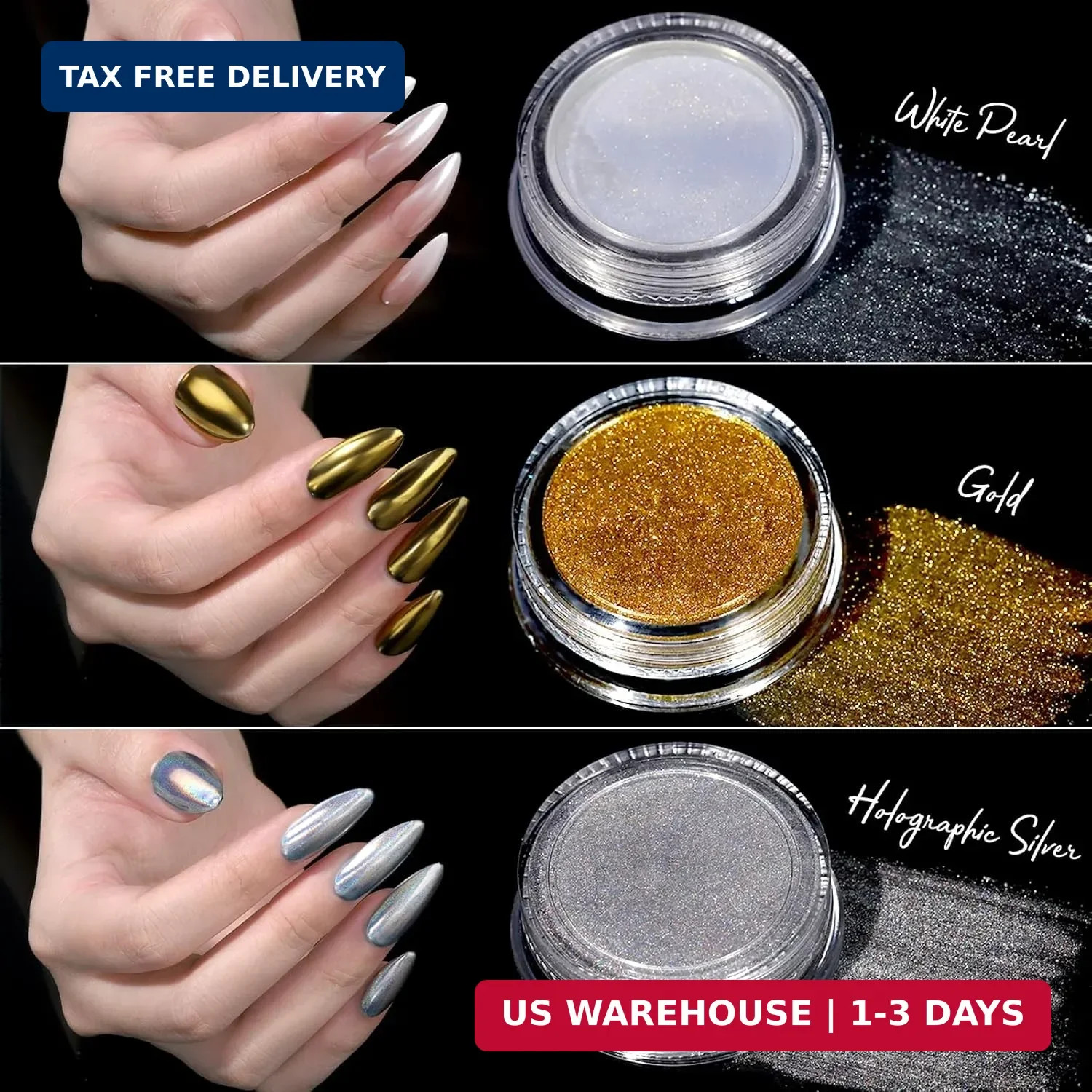 Gold Chrome Nail Powder Kit with Nail Charms and Gems, Pearl Nail Chrom