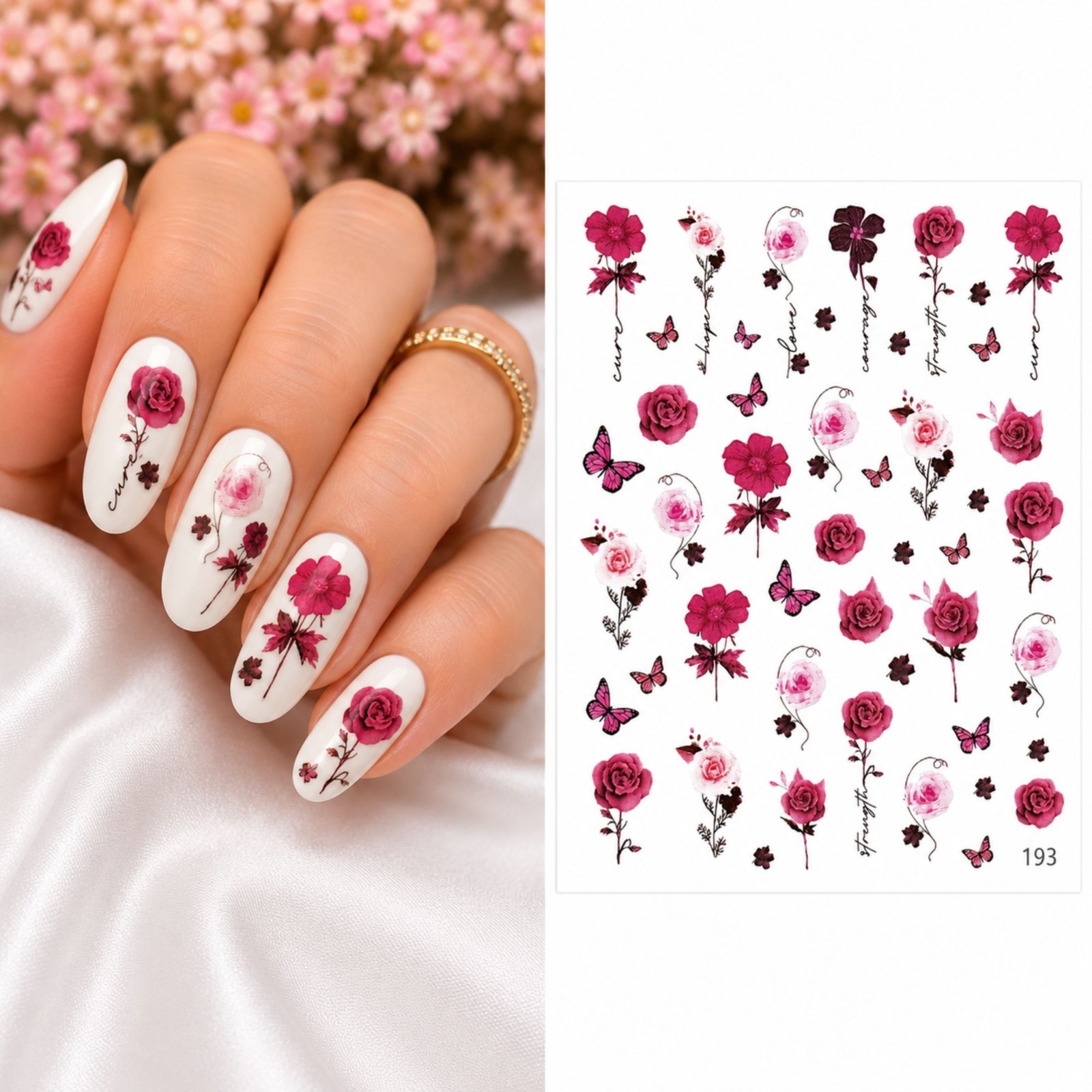 Red Flower Butterfly Nail Art Water Transfer Rose Spring Decal DIY Nail Floral