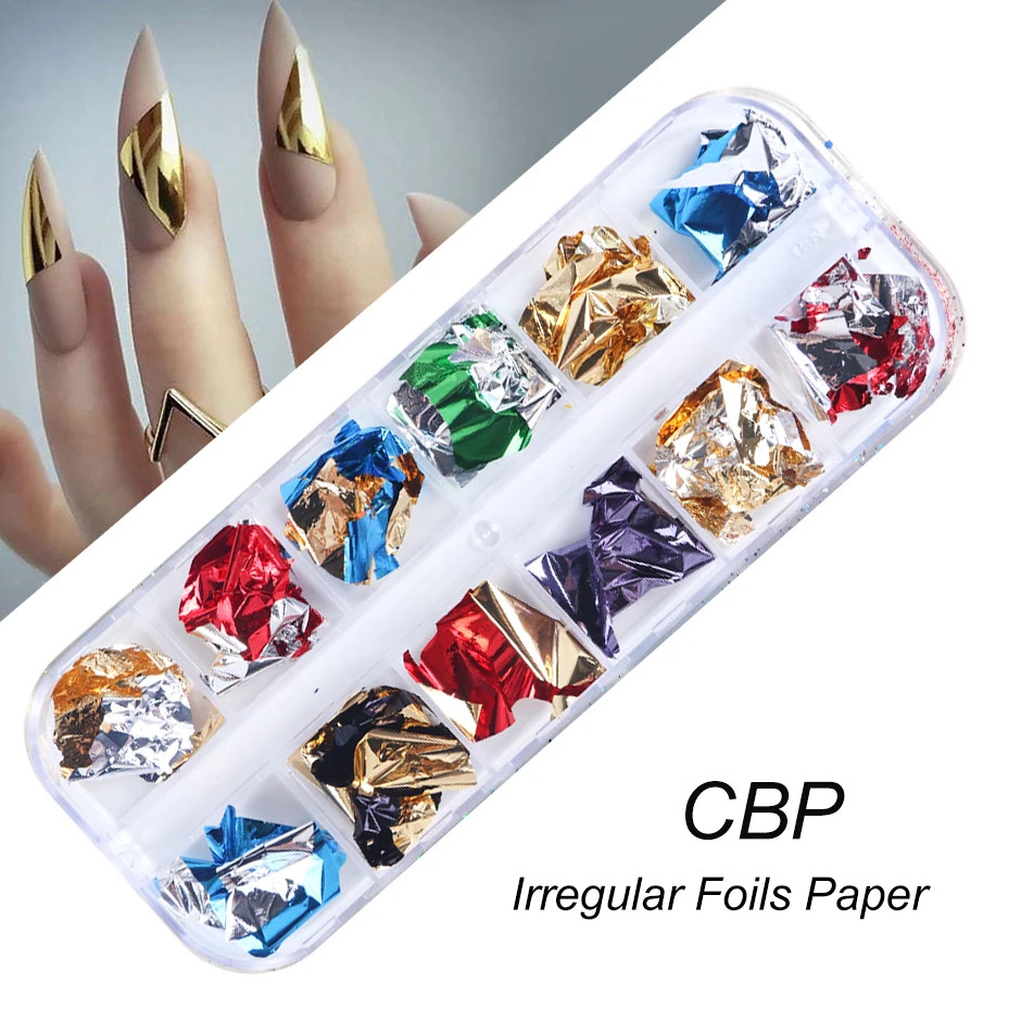 12Grids Holographic Gold Foils Nail Flakes Splendor Leaf Craft Irregular