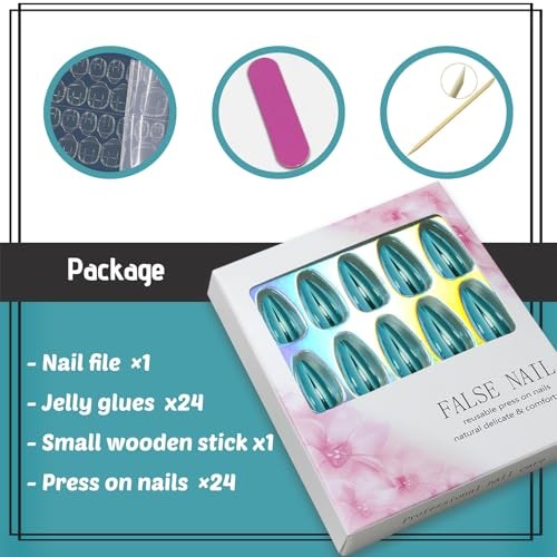 Teal Blue Chrome Press on Nails Almond Medium Acrylic Nails Press 39-Teal Blue