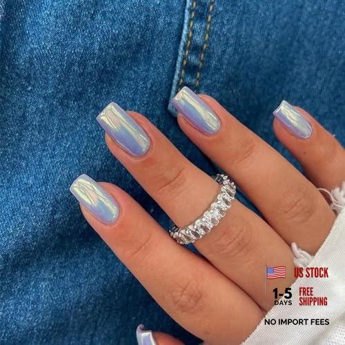 Mirror Metal Light Blue Press on Nails Medium Short Square Square Light Blue