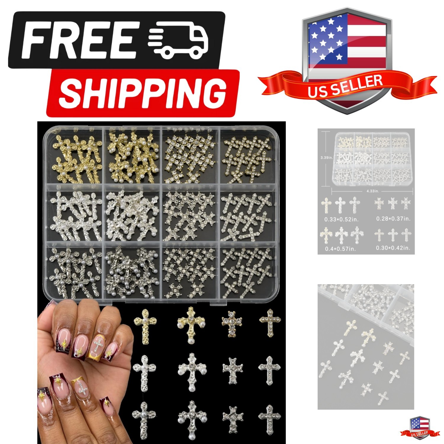 120 Pcs 3D Cross Nail Charms 12 Grids Metal Nail Art Charms White Gold Silver…