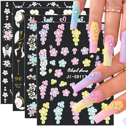5D Embossed Flower Nail Stickers – Acrylic Carved Rose & Butterfly Nail Art