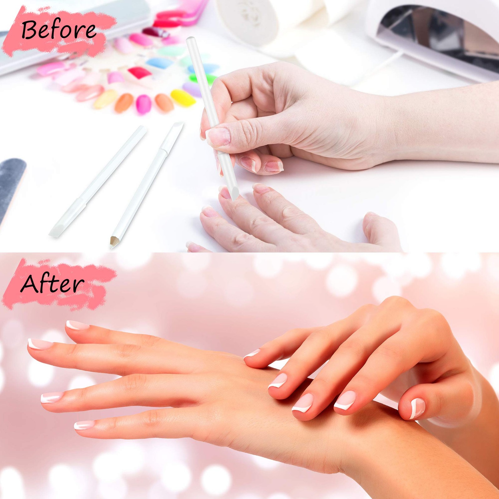 2 Pieces White Nail Pencil 2-in-1 Whitening French Nail Pencil w/ Cuticle Pusher
