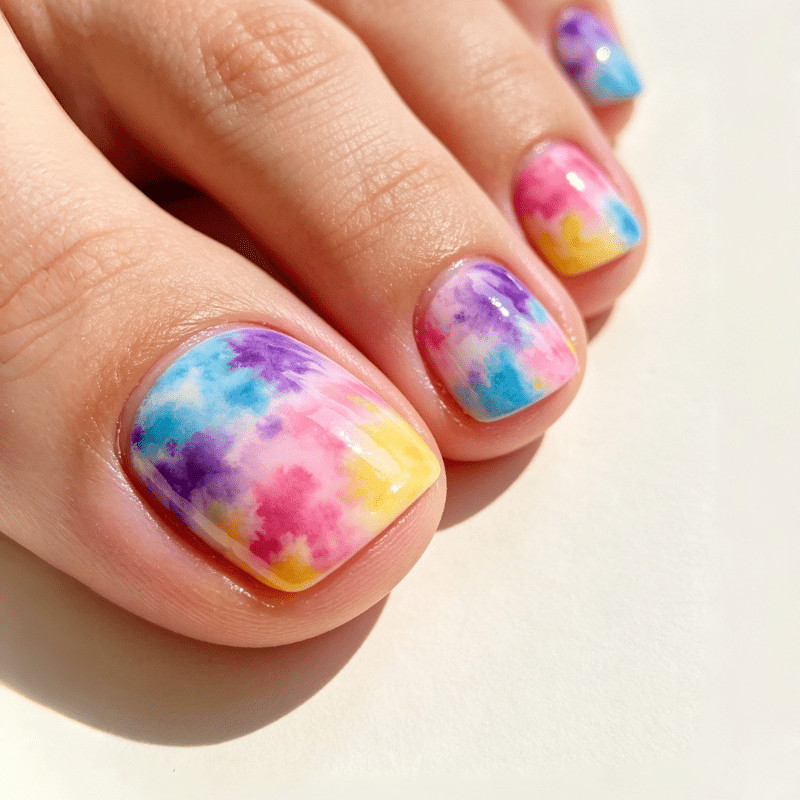72Pcs-Short Square Rainbow Watercolor Tie Dye Toe Fake Press on Nails Set