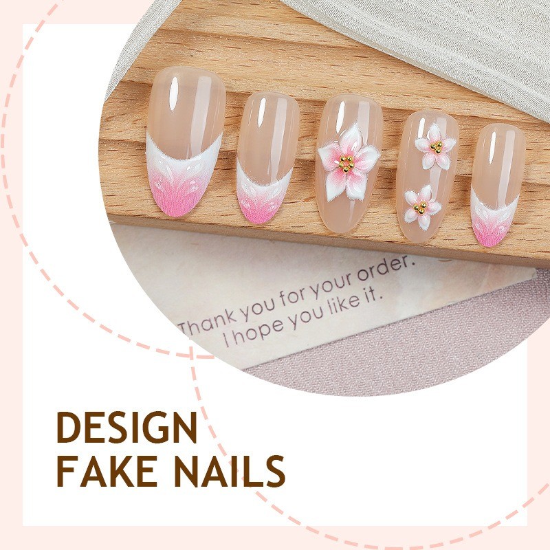 24Pcs-Long Almond Sheer Nude Pink Gradient 3D Cherry Blossom Press on Nails