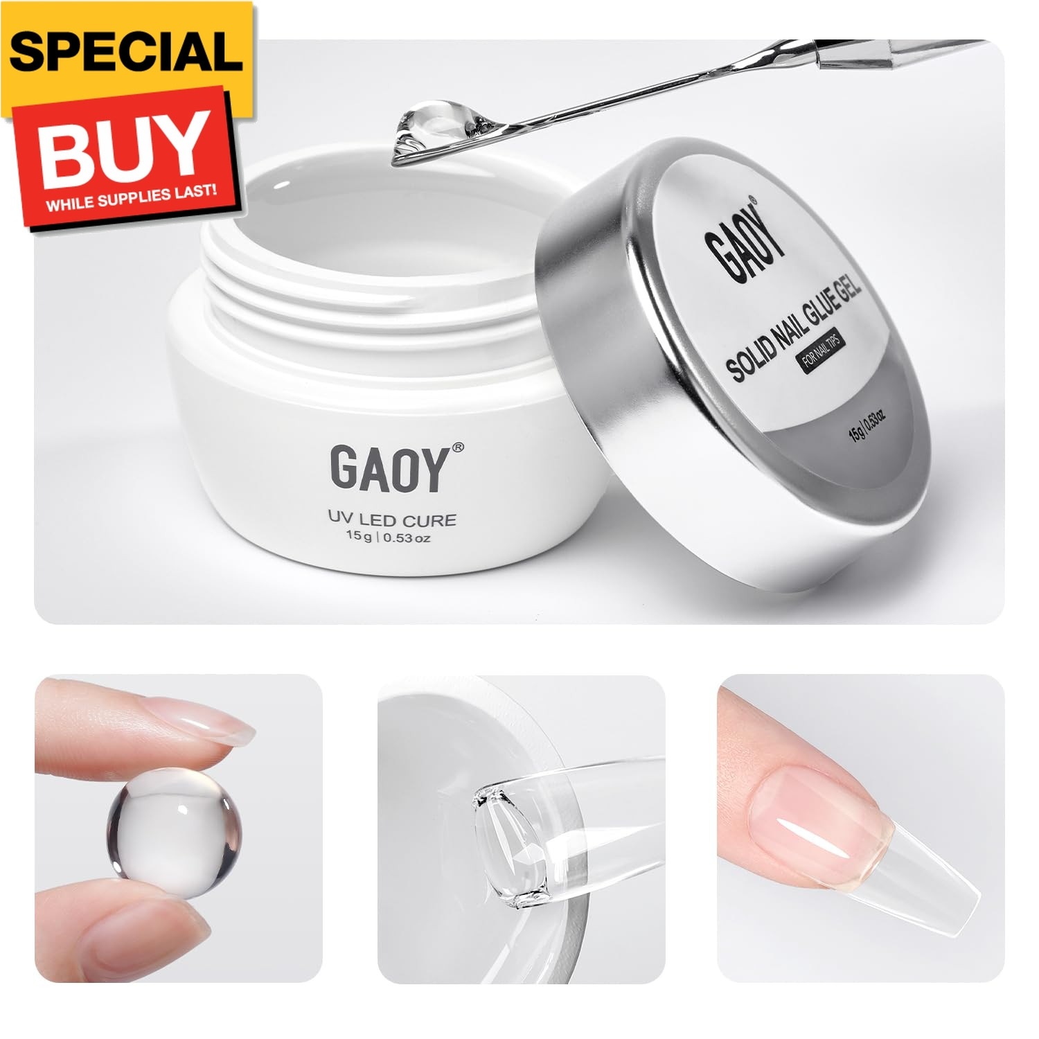 Solid Nail Glue Gel for Nail Tips, 15g Strong Solid Glue for Press Ons, False an