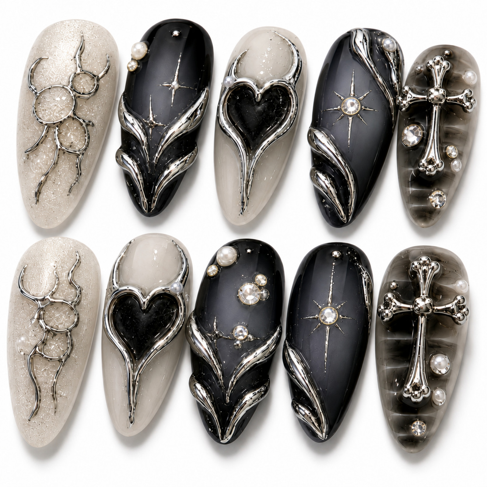 Handmade Gothic Black Silver 3D Cross Heart Press On Nails Set