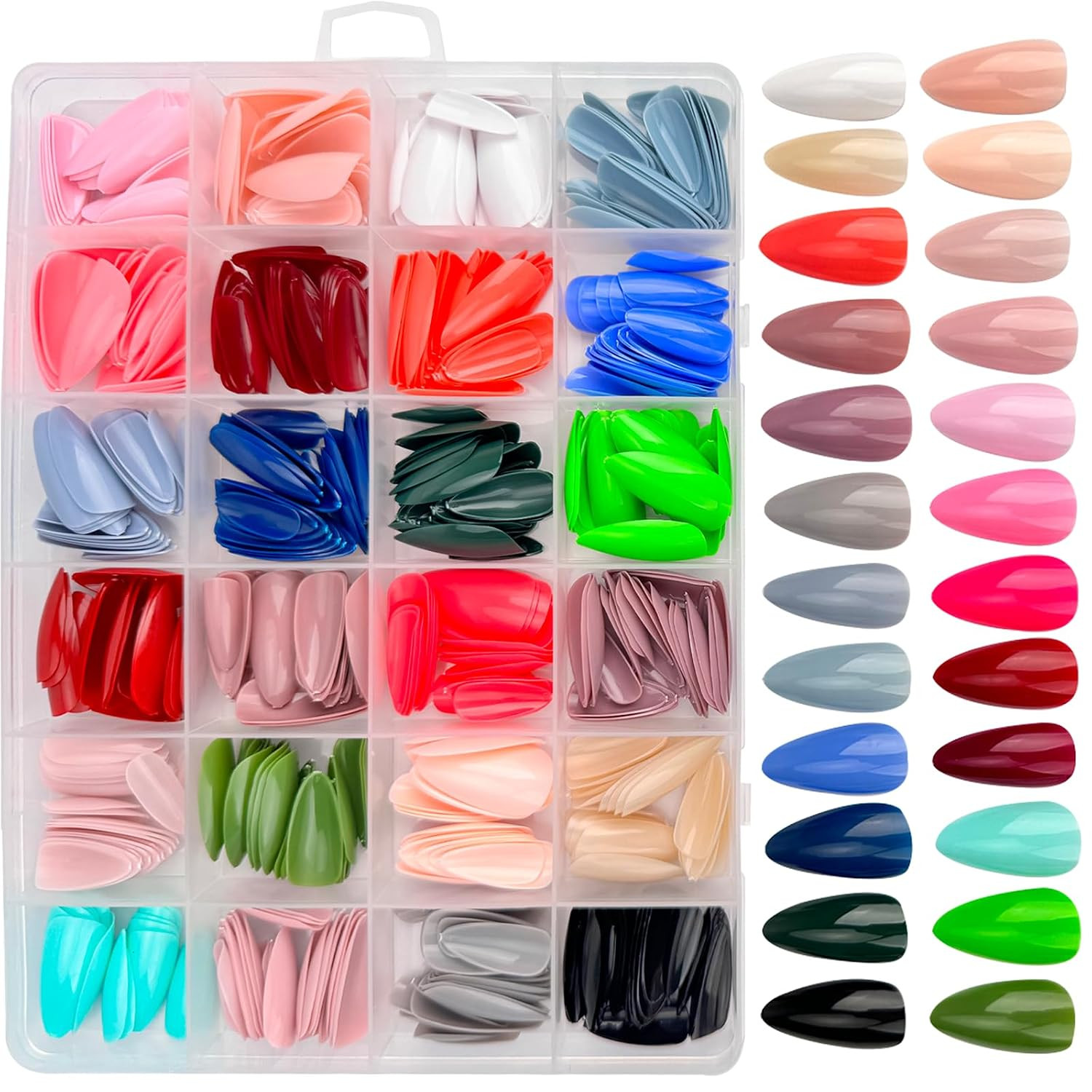 576Pcs Almond Press on Nails Medium Fake Nails 24 Colors False Nails with 12 Siz
