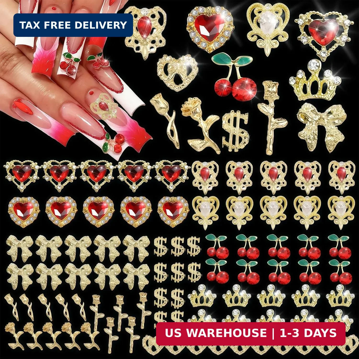 85 Pcs 3D Gold Nail Charms Y2K Bulk Nail Art Decor Set Nail Charms and Gems Incl