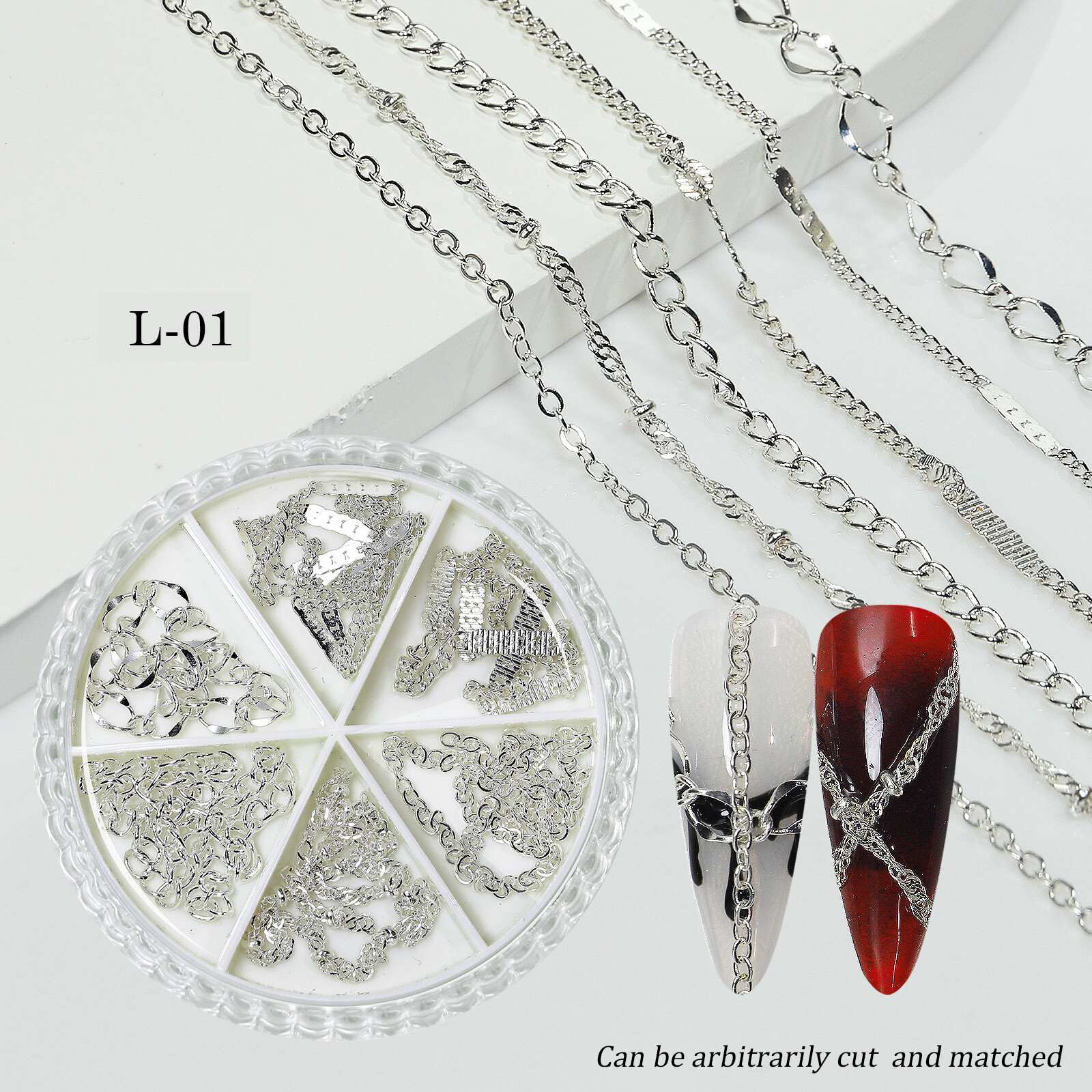 6 Grids Multi-Shape Nails Chain Metal for 3D Nail Art Decorations Accessories