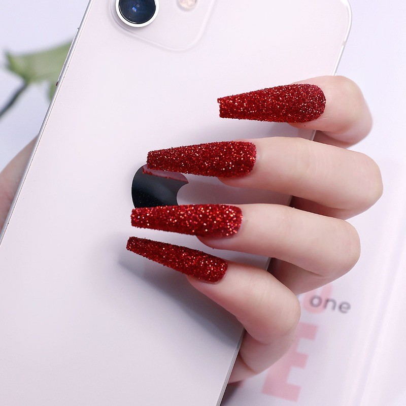 48Pcs-Red Glitter Press on Nails Long Coffin Nail Art Sparkly Solid Color