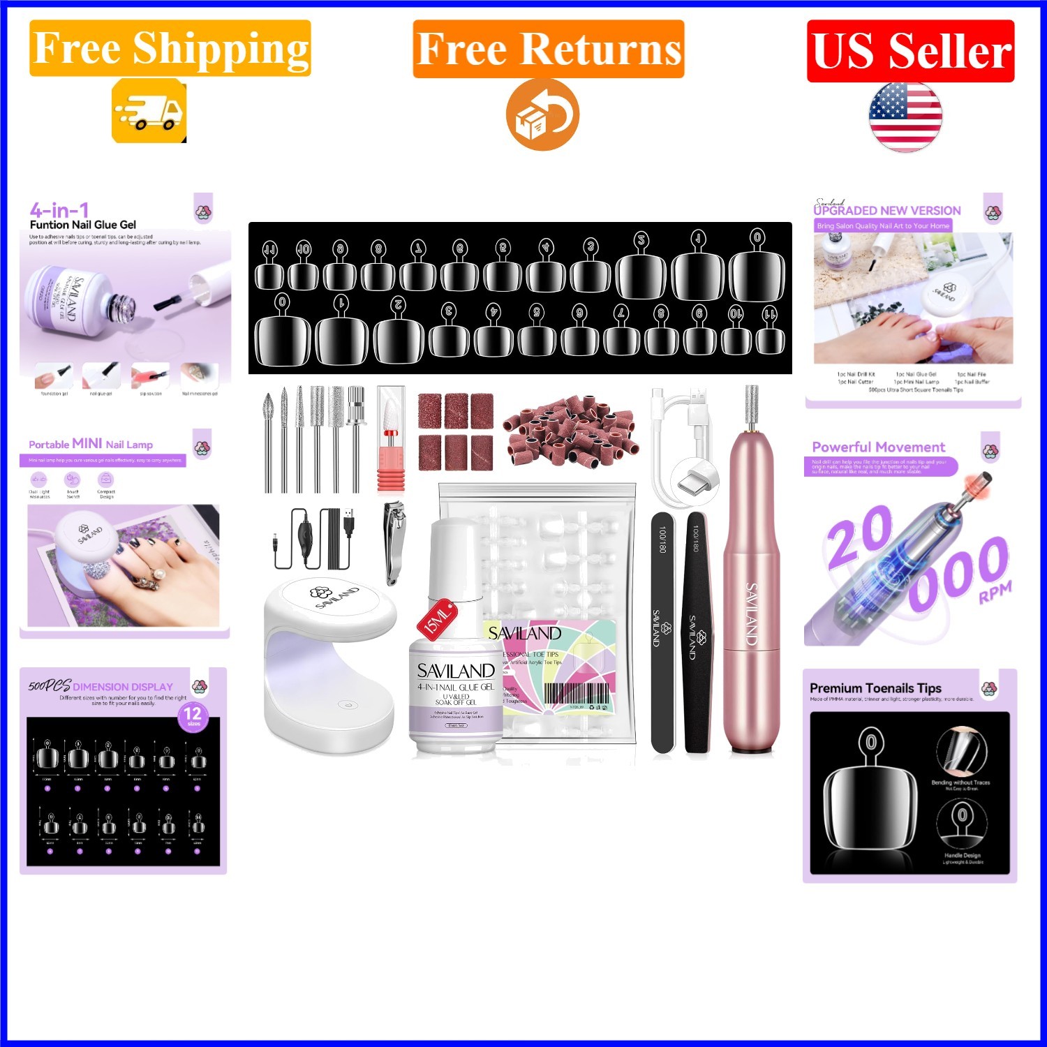 Toe Nail Tips & Glue Gel Kit with Drill, Lamp, 500 Tips, Pink