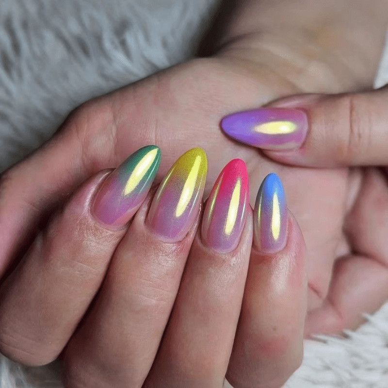 48pieces of almond shaped gradient rainbow wearing nail art with dazzling colors