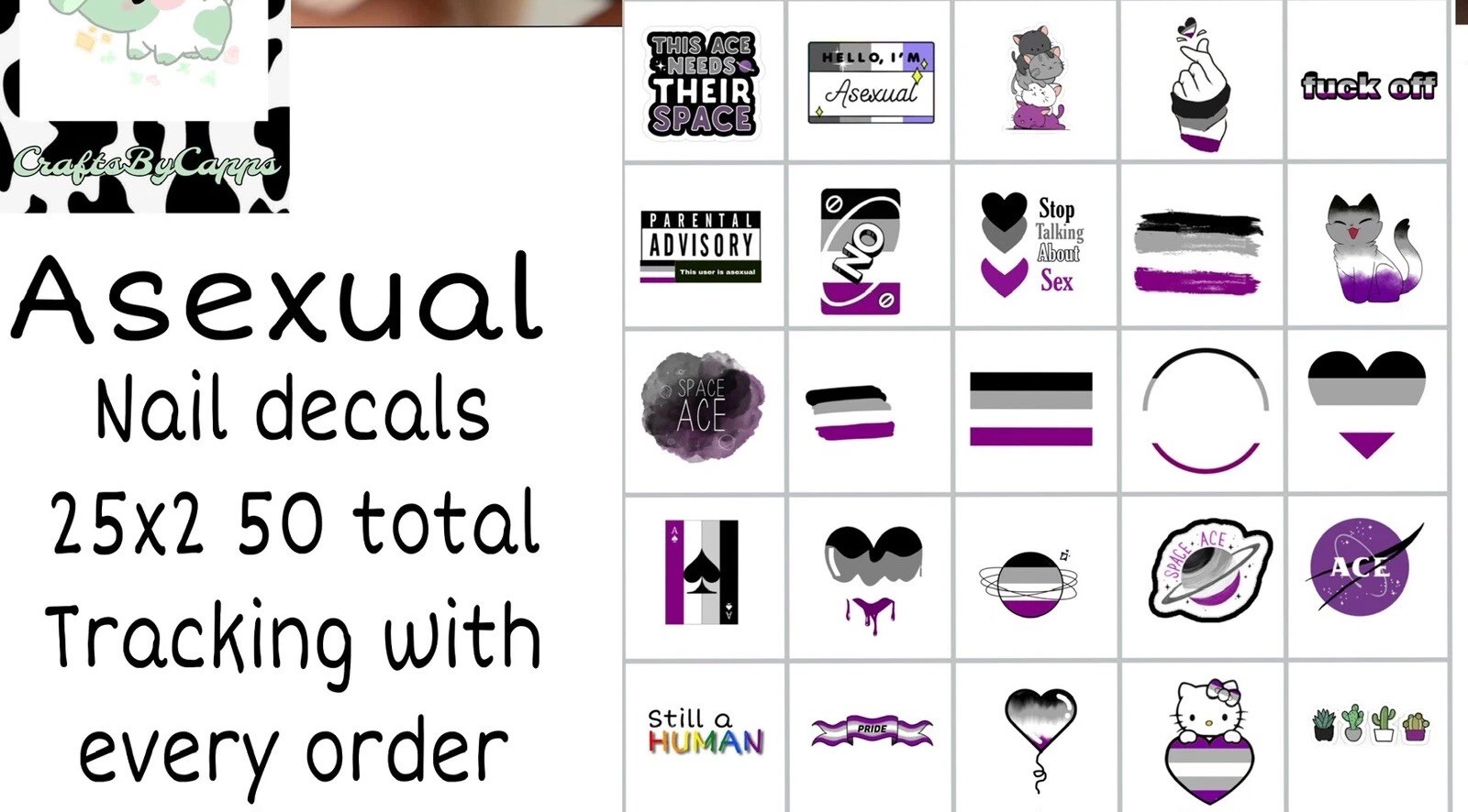 Asexual Pride Waterslide Nail Art Decals Set Of 50, Instructions Bonus KC