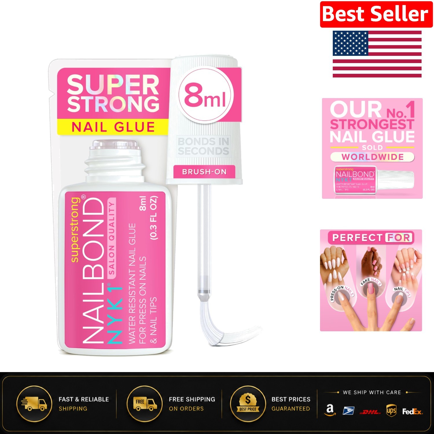 Super Strong Nail Glue 8ml | Fast Drying Brush On for Press On & Acrylic Nails