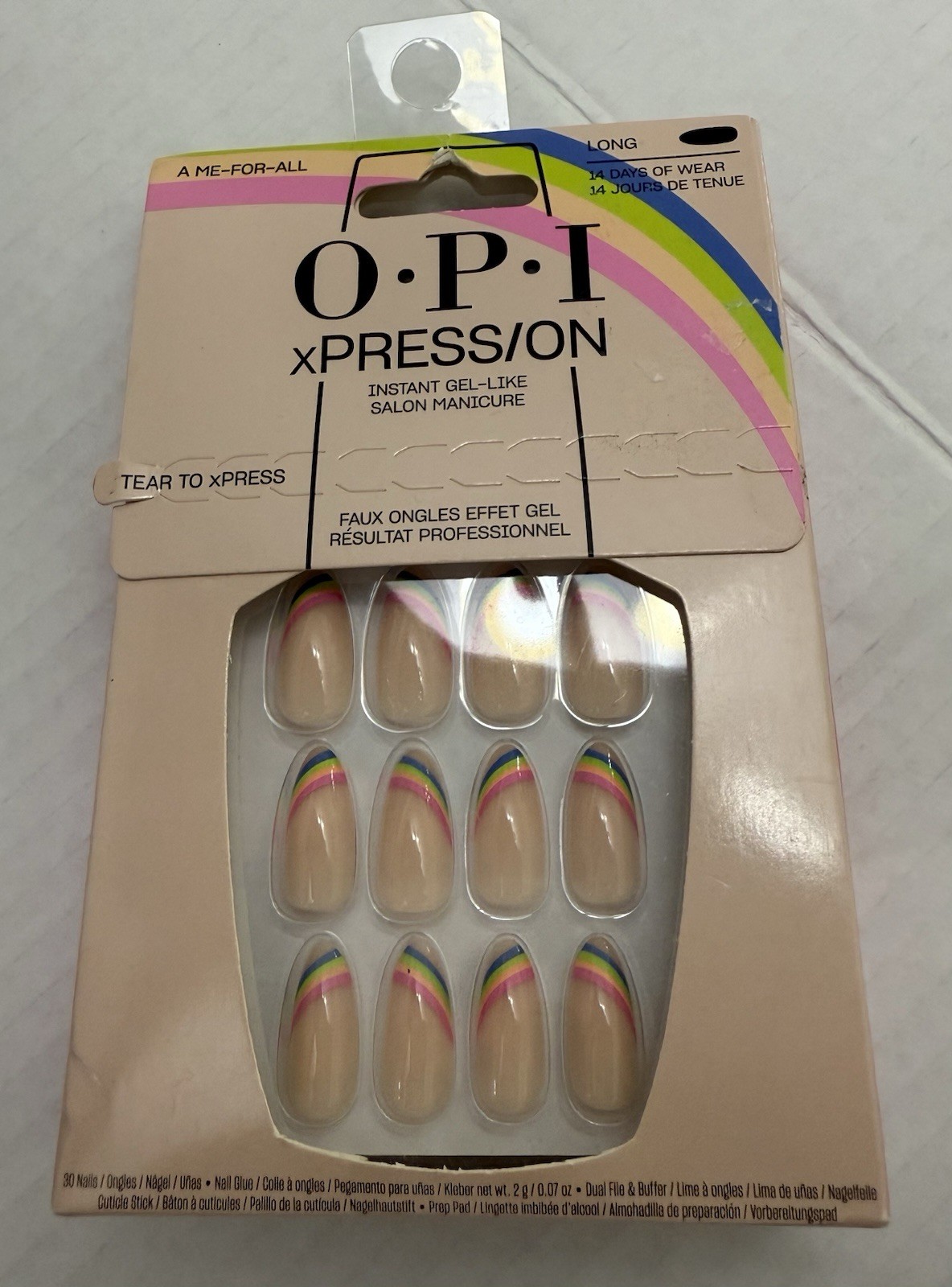 OPI xPRESS/ON Press-On Nails A Me-For-All Long Almond Rainbow Tip Gel-Like NIB