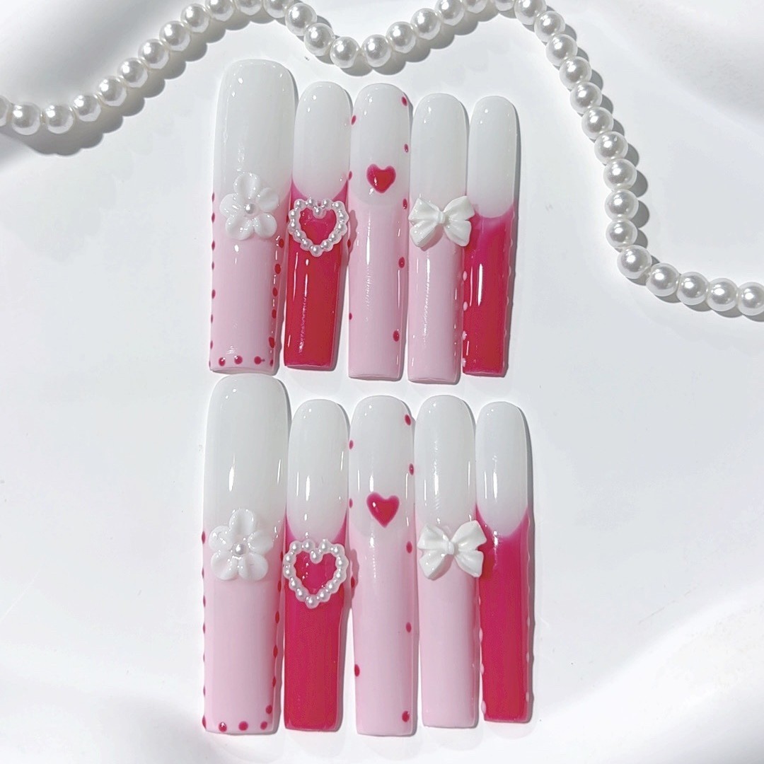10Pcs Heart Floral Relief Carved Long Tapered Press On Nails For Dating