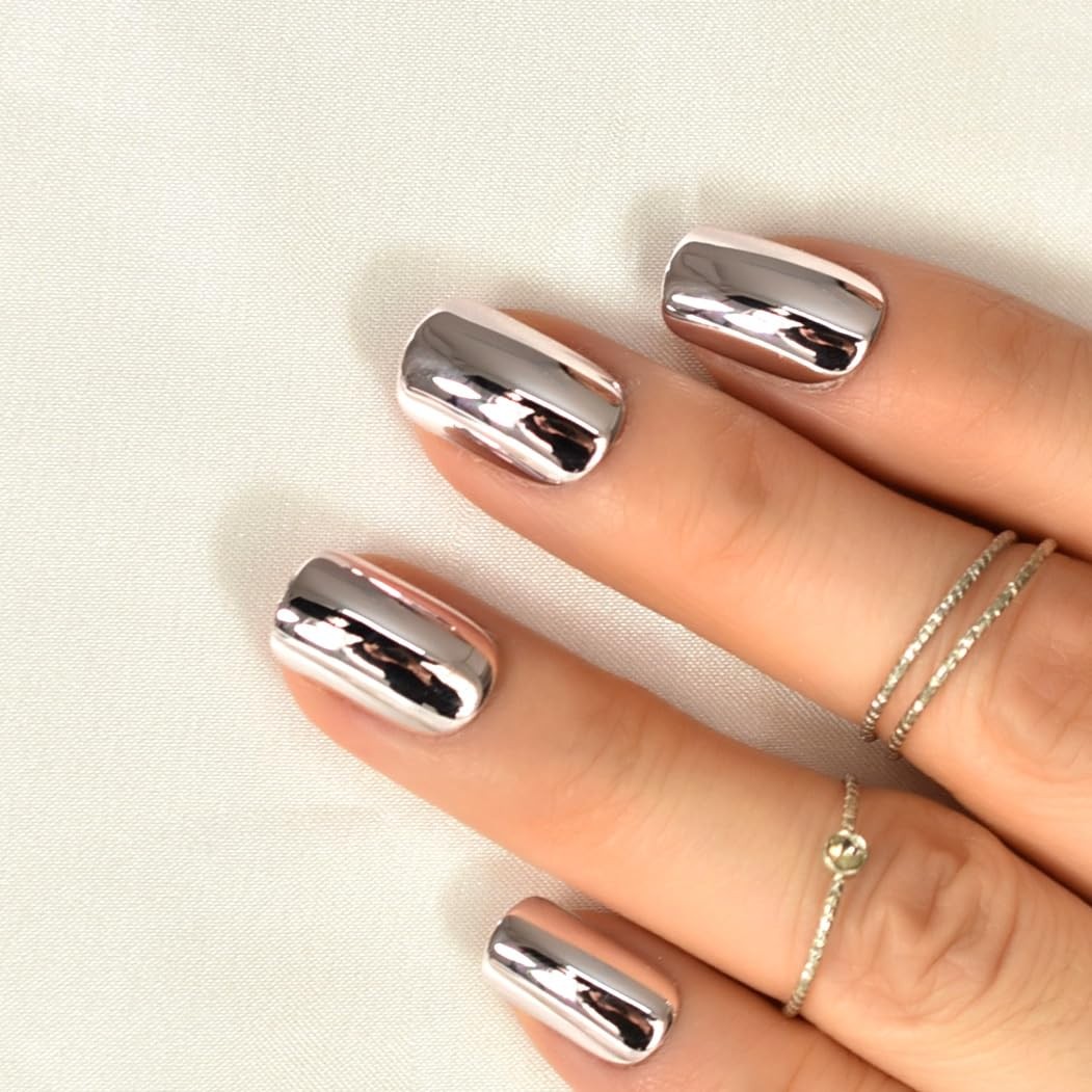 Mirror Soft Pink Metallic Press On Nails Short – Metal Punk Plated Acrylic Fa…