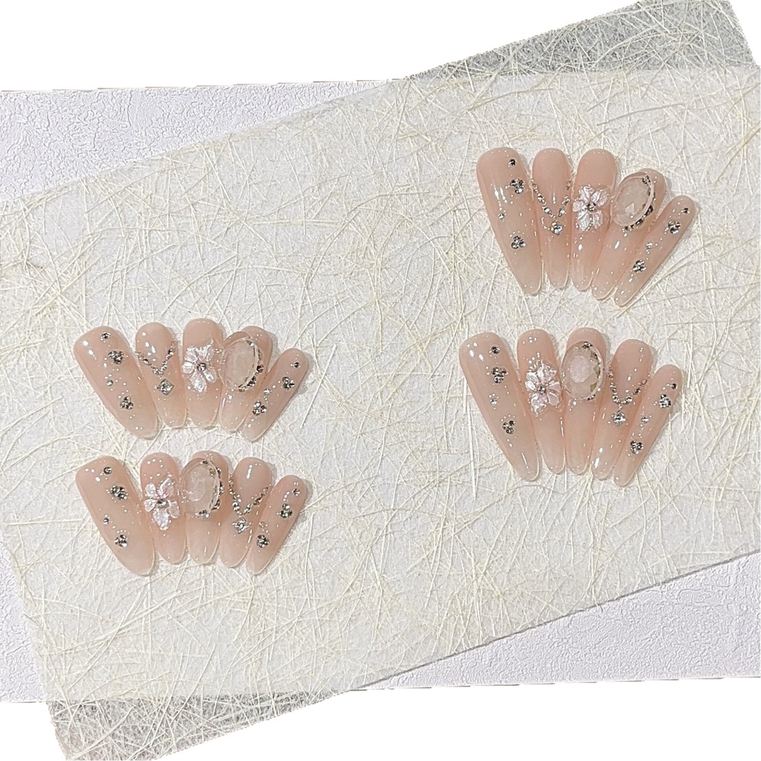 10Pcs Handmade Nude Floral Oval Press On Nails Sparkly Rhinestone Office Style