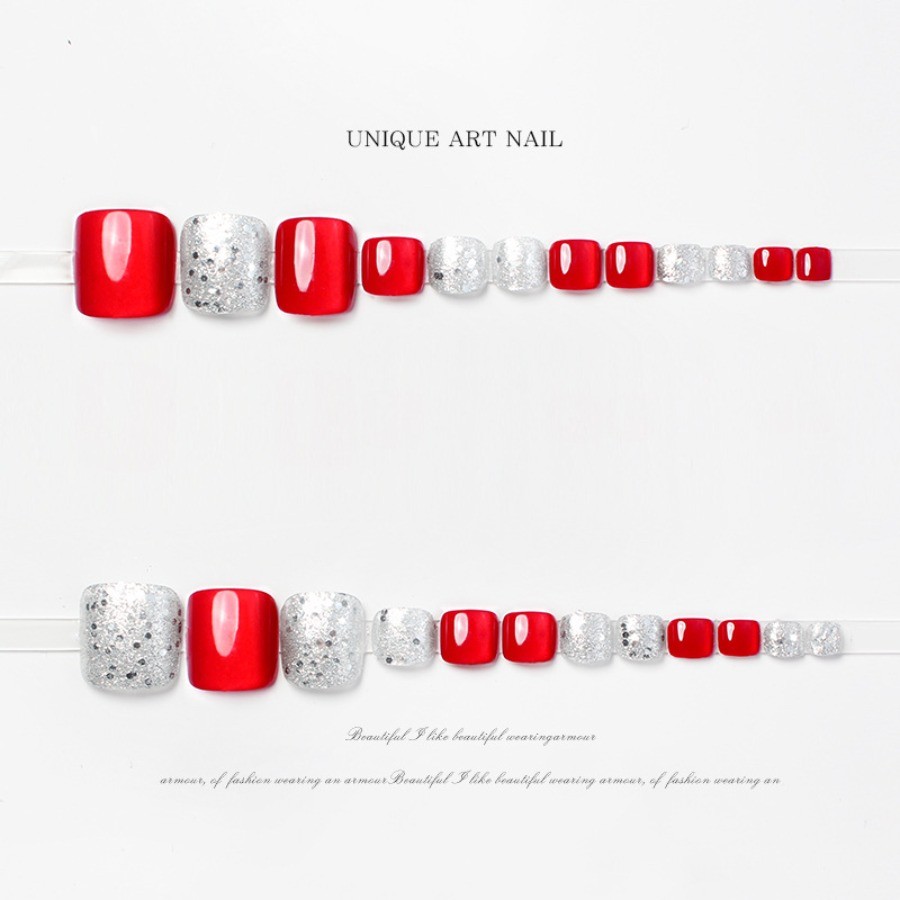 48Pcs-Glossy Red Silver Glitter Square Toe Press on Nails Set