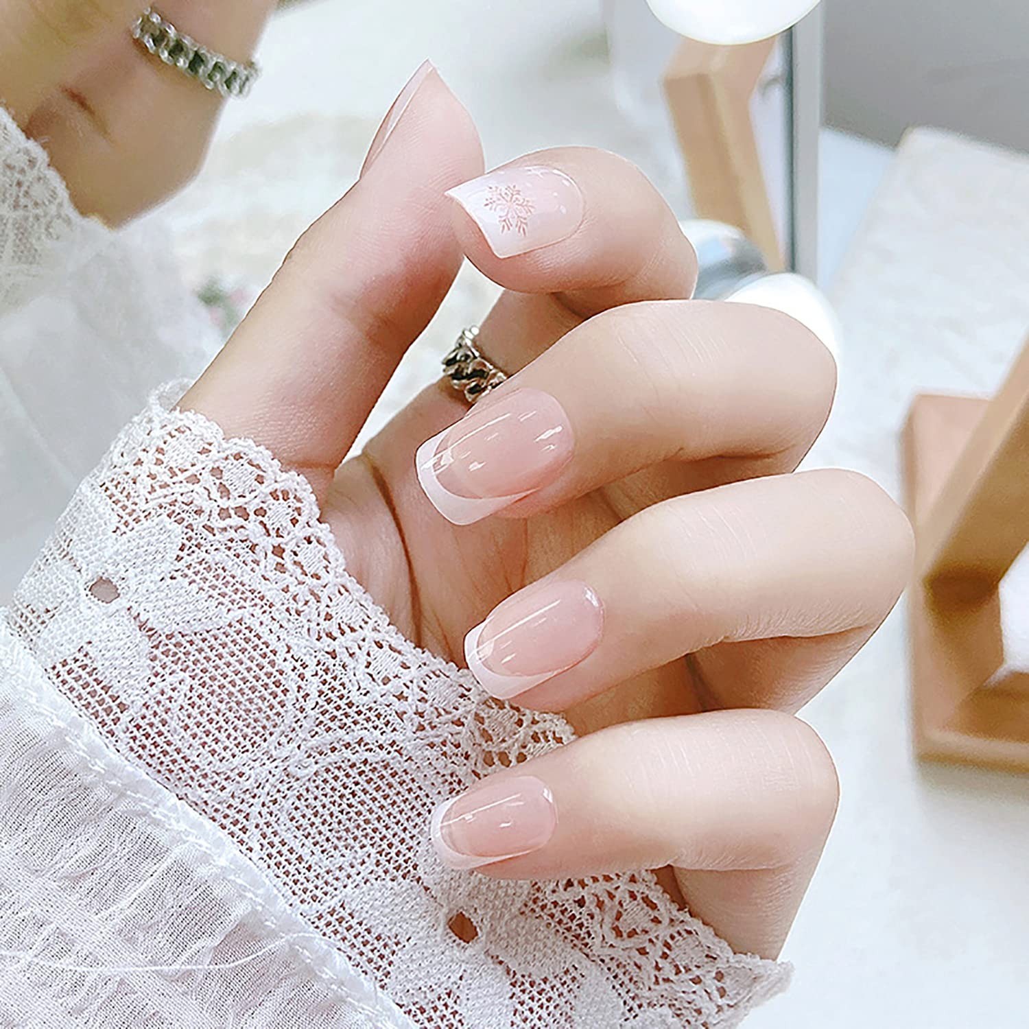 Christmas Press On Nails – Short Square Fake Nails with French Tip Acrylic, C…