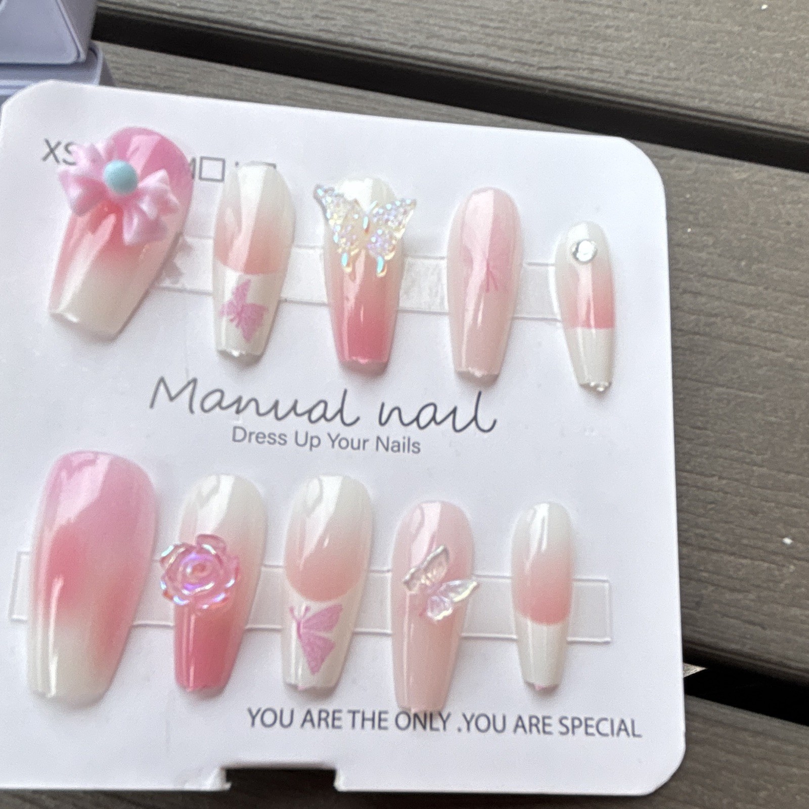 Manual nail Press-On Nails Long Coffin Pink/White Ombre 3D Butterfly Self-Adh