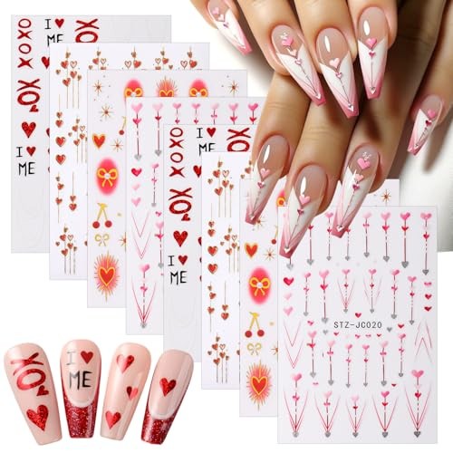8 Sheets 3D Red Pink Hearts Nail Art Stickers Decals Valentine Style 01