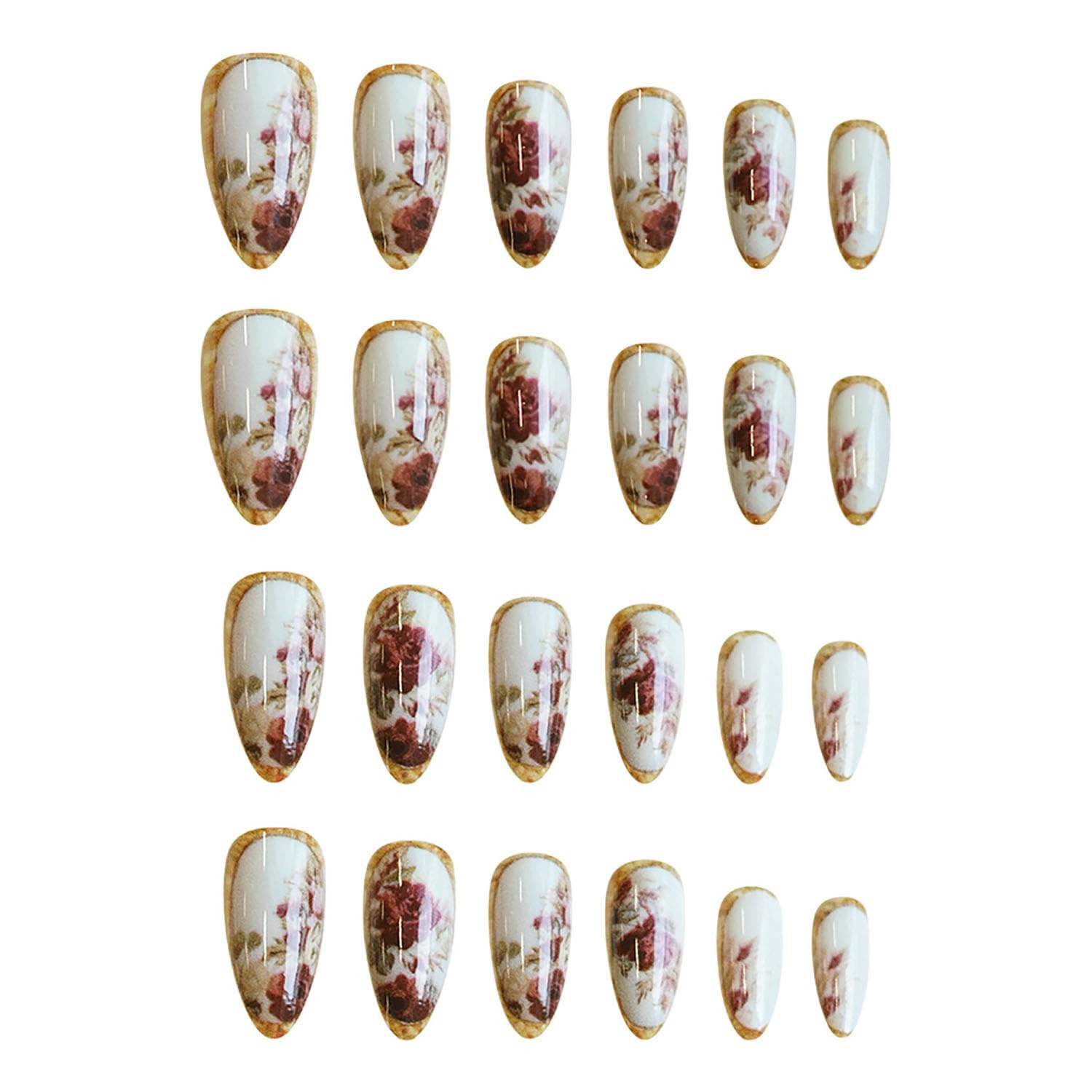 Press on Almond Nails Medium Length Glossy Full Cover Acrylic Rose Floral