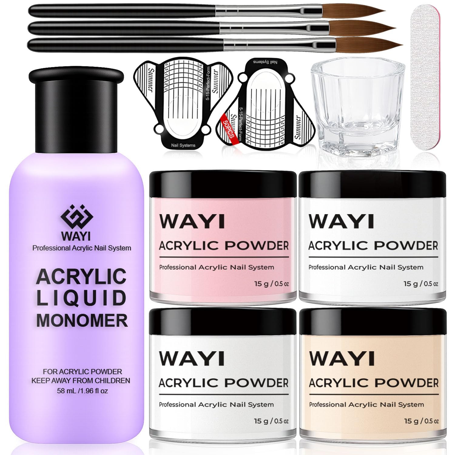 9Pcs Acrylic Nail Kit – 4Pcs Acrylic Powder (Pink, White, Clear, Nude) and Profe