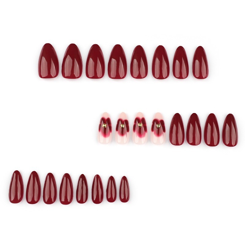 48Pcs-Burgundy Floral Ombre Press on Nails Glossy Long Almond Nail Art Set