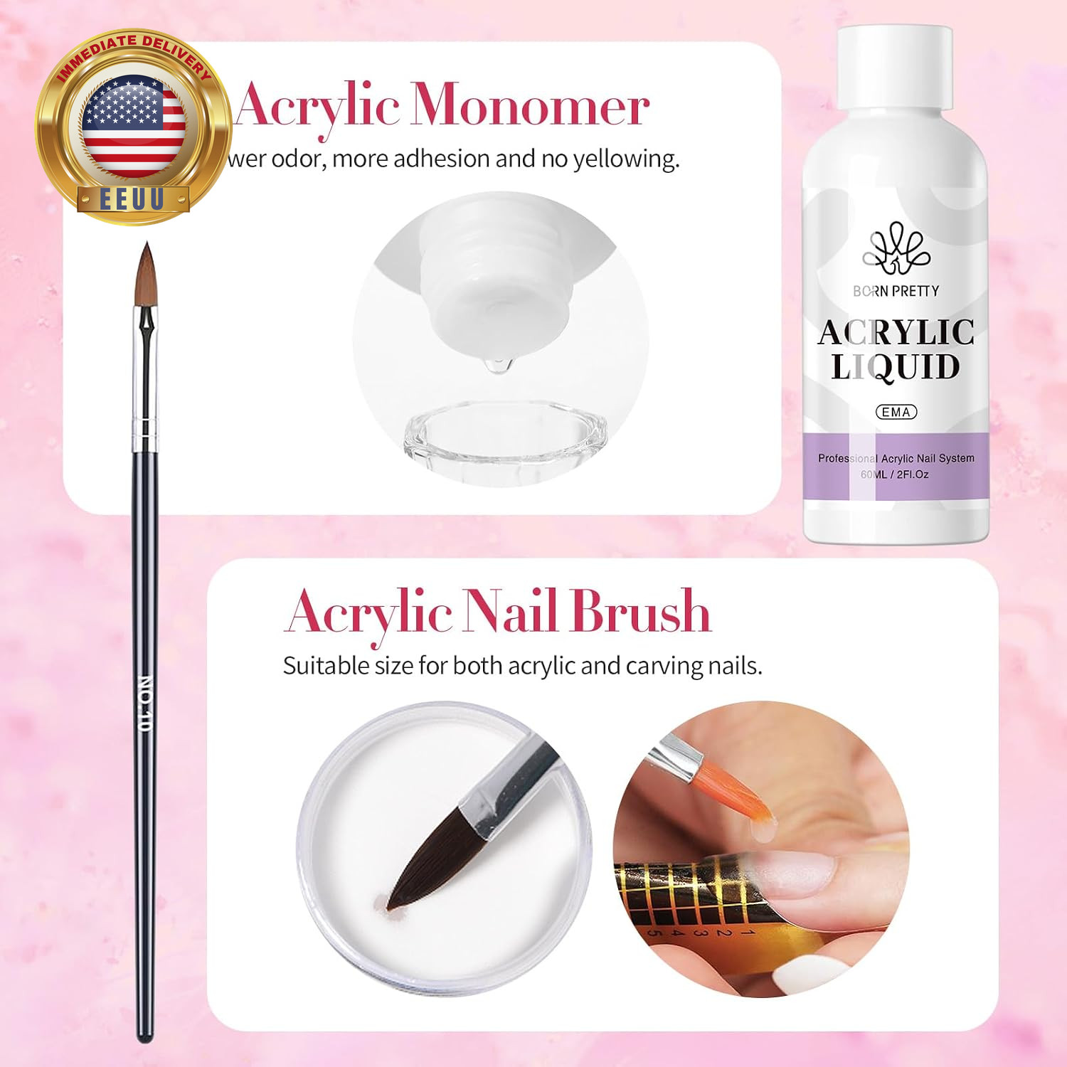 Acrylic Nail Kit – Acrylic Powder (Clear, White, Pink) & Liquid Set with Nail Fo