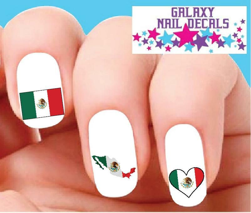 Waterslide Nail Decals – Set of 20 Mexico Mexican Flag Heart Assorted